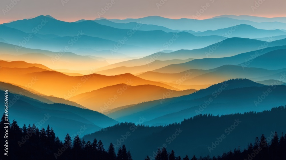 Obraz premium Mountain ranges receding into the distance with blue, orange, and purple hues at dawn or dusk, misty and scenic