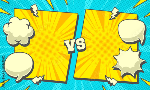 Comic cartoon versus fight background with two battle panel and speech bubbles for text
