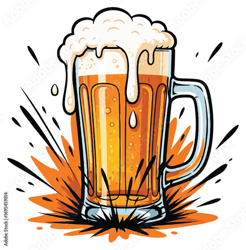 A glass mug of foamy beer, overflowing with frothy head, on a splash of orange background.