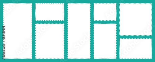 Set of frames with zigzag edge, scallop edge shapes. Geometric shapes with scallop and zigzag edges set. Postage stamp set. Wavy edge frame or shape.