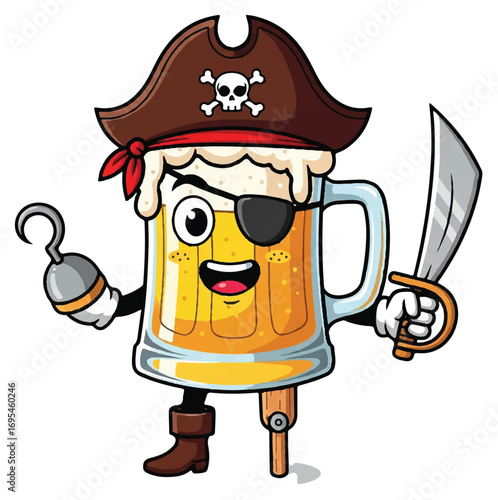 A cartoon beer mug dressed as a pirate, complete with an eye patch, pirate hat, hook hand, and wooden leg, holding a sword.