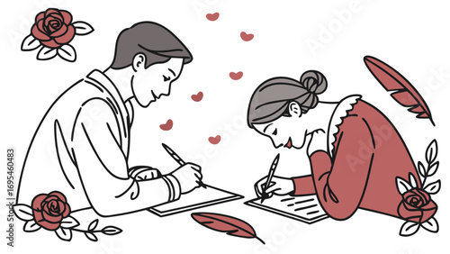 Couple writing letters together with roses and feathers