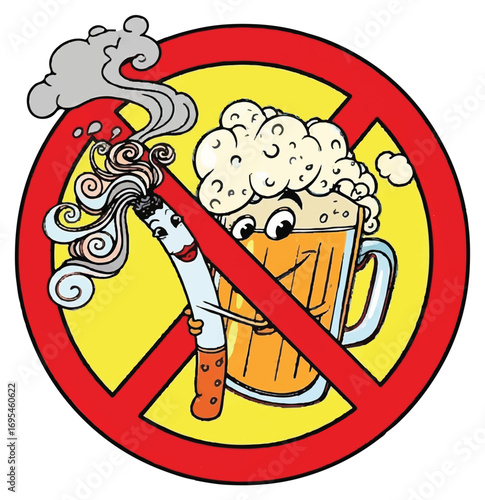 Cartoon illustration of a no smoking and no alcohol sign with anthropomorphic cigarette and beer mug characters.