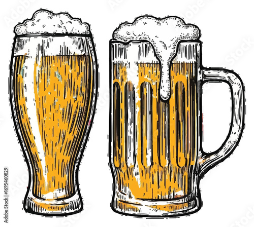 Two glasses of beer, one tall and slender, the other a classic mug, both overflowing with foam.