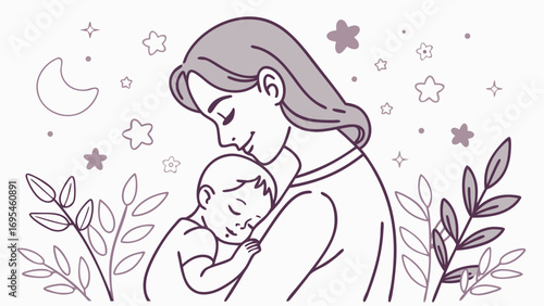 Mother holding her sleeping baby with moon and stars in the background