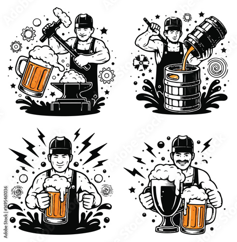 Four illustrations of a muscular man making and serving beer.