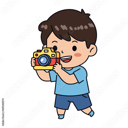 Cartoon Boy Holding a Camera Smiling Ready to Take a Picture.