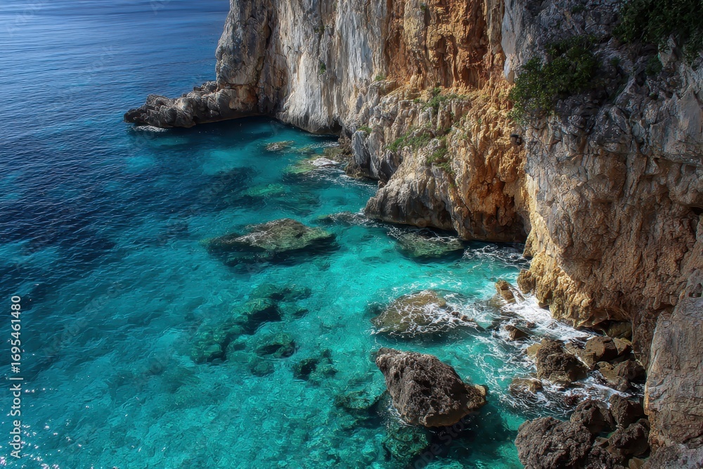 Fototapeta premium Turquoise Sea Meets Rocky Cliffs, Coastal Landscape View