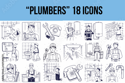 Collection of plumber icons illustrating various plumbing tasks  