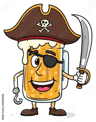 A cartoon mug of beer dressed as a pirate, complete with a hat, eye patch, hook hand, and sword.