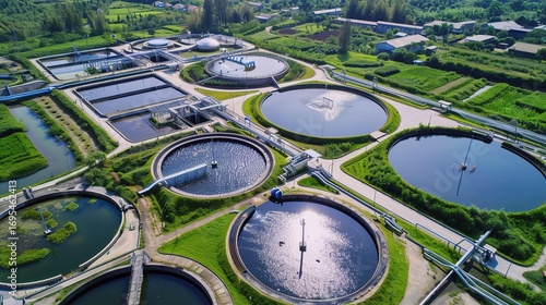 Sewage treatment equipment with metallic tanks, filters, and pipes in gray and blue, installed at a wastewater plant to purify sewage—removing impurities and treating water for safe discharge, equippe