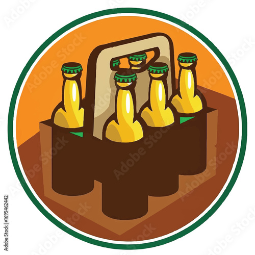 Illustration of a six-pack of beer bottles in a carrier.