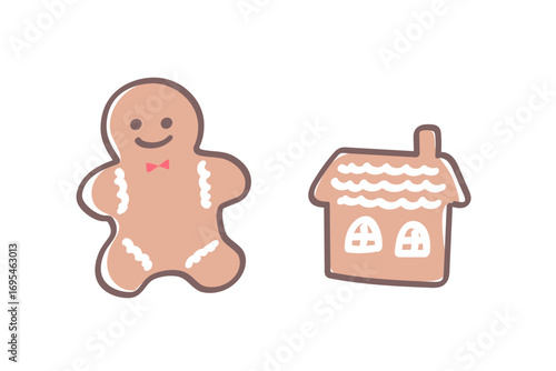 ジンジャーブレッドマンと家の形のクリスマスクッキーのイラスト