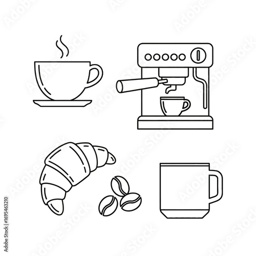 A minimalist line art set depicting coffee culture essentials, including an espresso machine, cup, croissant, and coffee beans for a cafe menu