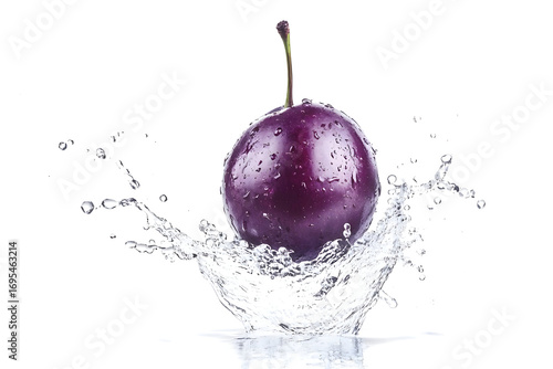 a plum levitation flying in the middle air on white background with a splash of water