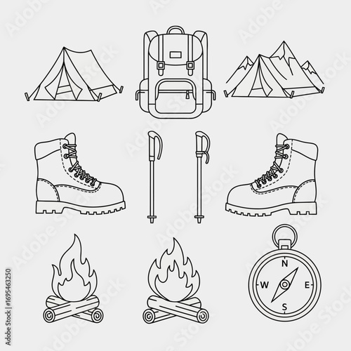 Essential line art collection for outdoor adventure, hiking, and camping expeditions, featuring various gear and equipment for nature exploration and wilderness activities