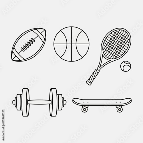 Assorted sports and recreation equipment outline vector icons. A collection of athletic gear for an active lifestyle