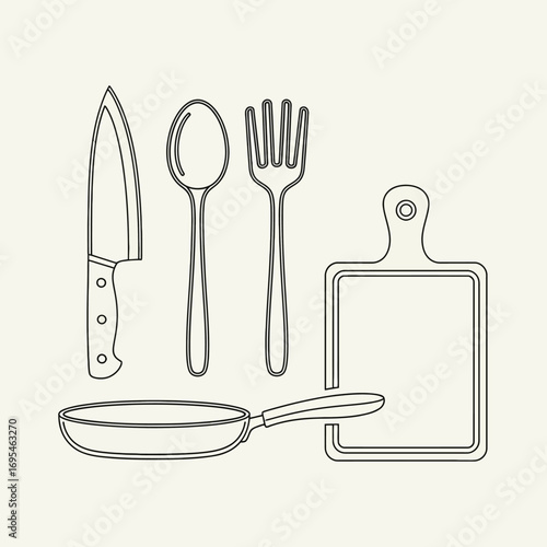 Kitchen Utensils and Cutting Board Vector Illustration with Clean Lines and Minimalist Design