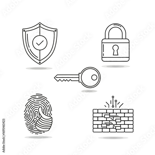 A collection of thin line art icons representing concepts of cybersecurity, data protection, and digital authentication