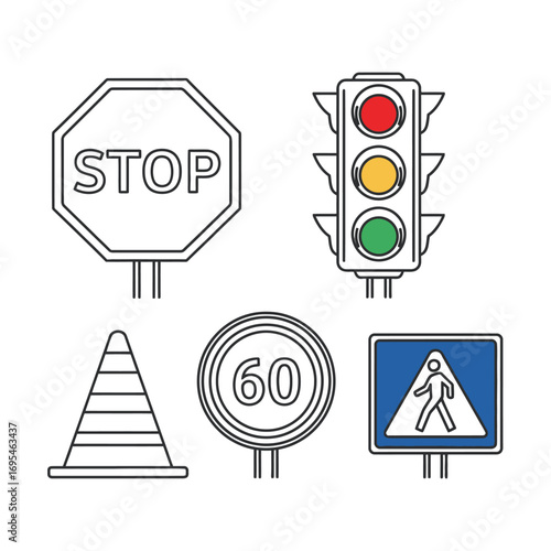 Linear icon set of road safety symbols for traffic regulation and driver awareness illustrations