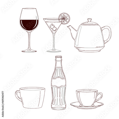 Drinks Collection Wine Glass, Martini, Teapot, Soda Bottle, Coffee Cups - Hand-Drawn Illustrations