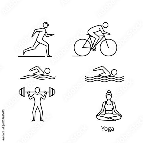 Fitness Activities Running, Cycling, Swimming, Weightlifting, and Yoga Icons