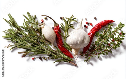 A vibrant arrangement of fresh rosemary, thyme, garlic cloves, hot red chili peppers, and peppercorns scattered on a stark white surface