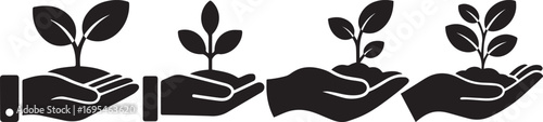 Hand holding a young plant growing in soil, symbolizing sustainability, environmental care, eco-friendly growth, nature conservation, green business and organic agriculture concept.