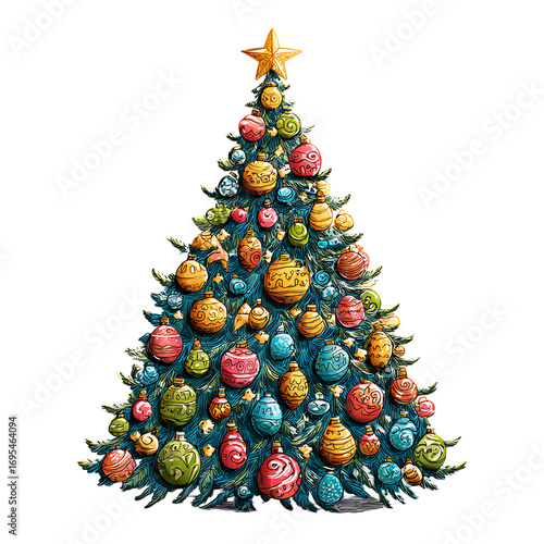 A beautiful christmas tree decorated with colorful ornaments isolated on transparent background.