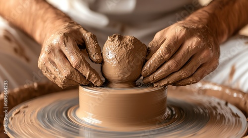 Hands shaping clay on a pottery wheel, showcasing the art of ceramics creation in a studio setting.