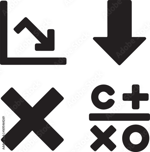 Downward graph arrow, cross mark and calculation symbols representing business decline, financial loss, negative results, poor performance and economic crisis concept illustration.