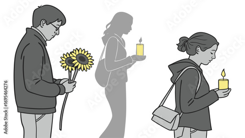 People holding candles and flowers in remembrance, isolated on white background