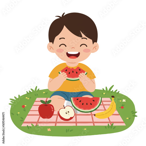 A happy child joyfully eats a slice of fresh watermelon outdoors on a picnic blanket, surrounded by colorful fruits like an apple and a banana in a cheerful 2D flat vector style.