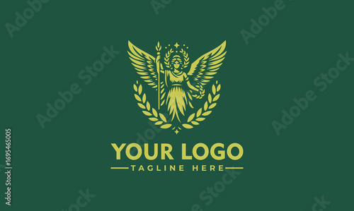 Elegant winged goddess logo design, holding a staff, encircled by a laurel wreath.