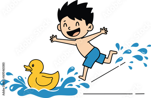 Cartoon Boy Leaping with Joy and Yellow Rubber Duck in Water Splash.