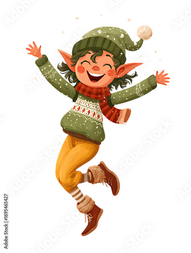 Joyful elf with a green hat jumping isolated on transparent background.