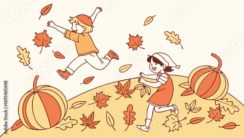 Children happily playing in autumn leaves with pumpkins