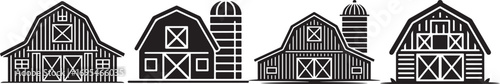 Rustic black and white vector illustration of traditional farm barns with silos, showcasing vintage rural architecture, agriculture, countryside living, and sustainable farming concepts.