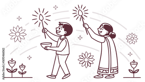 Children celebrating a festival with sparklers and flowers