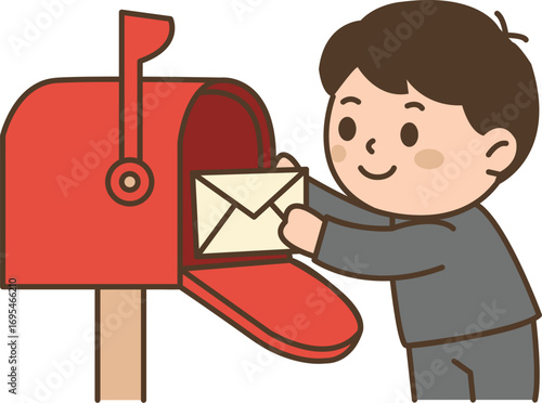 Cartoon boy placing a cream envelope into a red mailbox with a wooden post.
