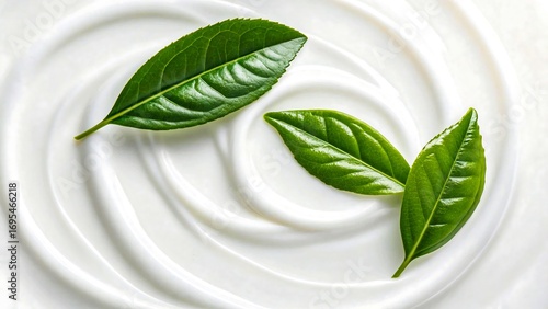 Fresh green tea leaves on white cosmetic cream texture background
