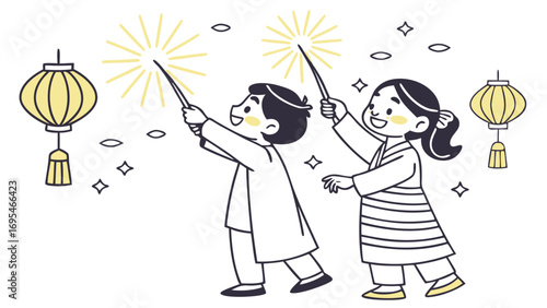Children celebrating with sparklers and lanterns