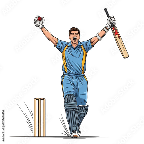 Dynamic cricketer celebrates victory with bat raised high, capturing the thrill of winning a crucial match with pure exhilaration.