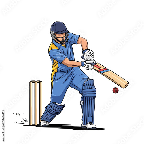 Dynamic cricketer in blue uniform powerfully swings bat during intense match action, aiming for a winning shot