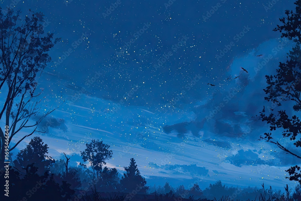 Fototapeta premium Silhouetted trees against a twilight, starry sky