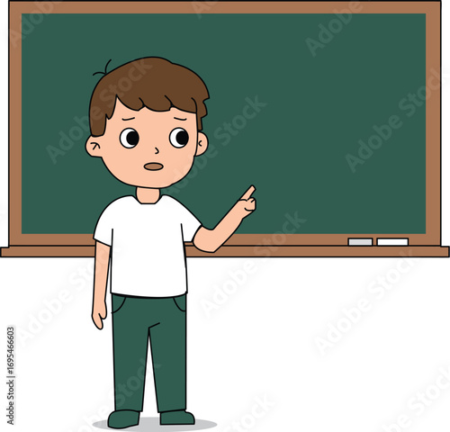 Cartoon Boy Pointing at Chalkboard with White Tshirt and Green Pants.