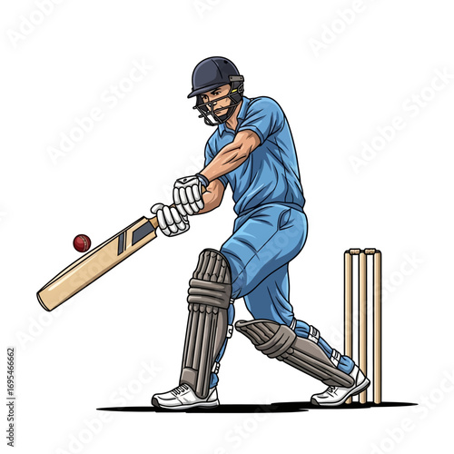 Intense cricket batsman poised to strike the ball with power and precision for victory in a competitive match, embodying skill and athleticism