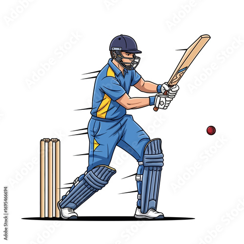 Dynamic cricket batsman hitting the ball with powerful swing, ready for competitive sports action illustration