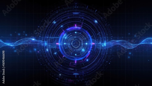 Intricate digital graphic design featuring a central circular interface with concentric circles and glowing lines, complemented by a flowing wave pattern, creating a futuristic and technological...