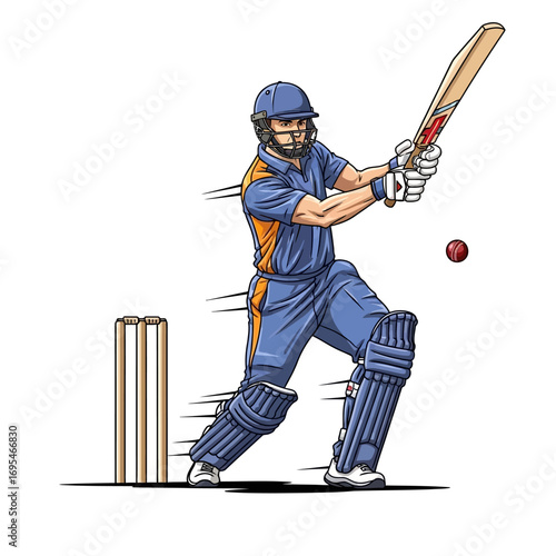 Dynamic cricketer powerfully swinging bat at approaching ball during intense match action, ready for a winning shot
